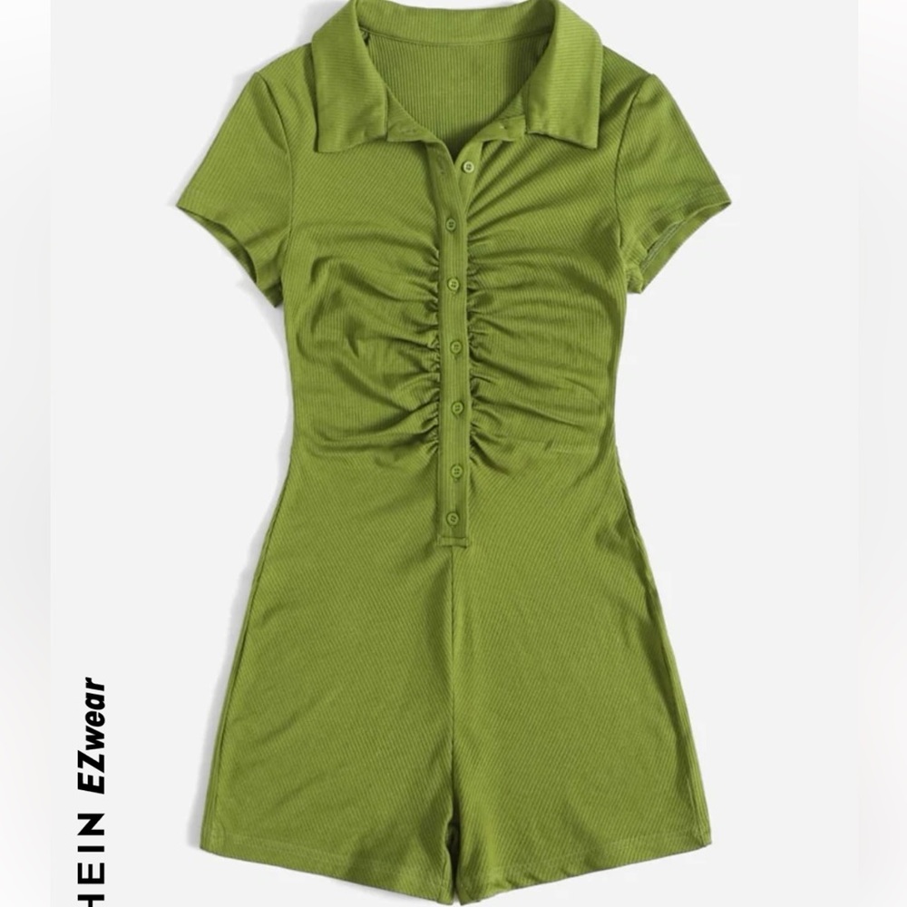 Green Ruched Rib-Knit Romper